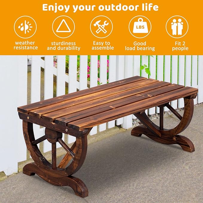 Outvita Wooden Garden Bench, Outdoor Rustic Wagon Wheel Bench with Carbonized Finish & Fir Construction for Garden Porch Backyard Patio Park, Seats 2 Person Brown