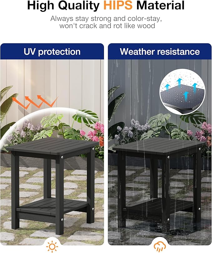 YEFU Outdoor Side Table for Patio: 16" HIPS Weather - Resistant Adirondack Tables - Waterproof Small Square End Tables for Backyard Living Room Bedroom - Indoor Outdoor Double Layer Table Dark Gray