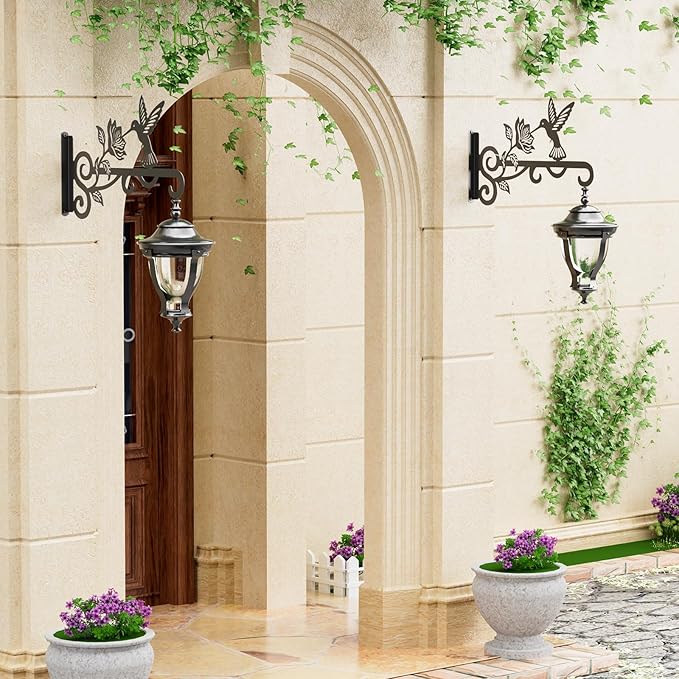 2-Pack Aesthetic Plant Hangers Outdoor – 10 Inch Metal Hanging Plant Bracket with Beautiful Hummingbird Pattern – Anti Rust Plant Hooks for Hanging Plants, Bird Feeder, Windchime, Lantern