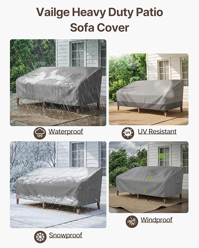 Vailge Heavy Duty Patio Sofa Cover, 100% Waterproof 3-Seater Outdoor Sofa Cover,Lawn Patio Furniture Covers with Air Vent and Handle,79" Wx 37" Dx 35" H,Grey