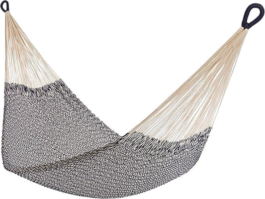 Handwoven Cotton Rope Hammock by Yellow Leaf Hammocks - Double Size, Fits 1-2 PPL, 400lb max - 100% Natural Cotton, Easy to Hang, Artisan Made - Color: Navy Blue - Off White