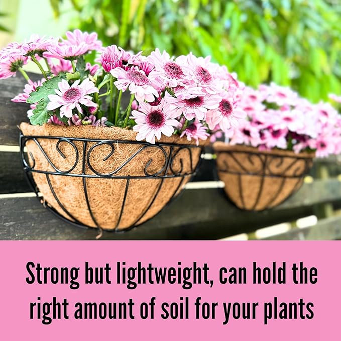 LaLaGreen 16 Inch Wall Mounted Flower Baskets, 4 Pack, Large Railing Planter Deck Rail Hanging Plant Pots Holders with Coco Liner Outdoor, Metal Herb Fence Porch Balcony Garden Patio Window Box Trough