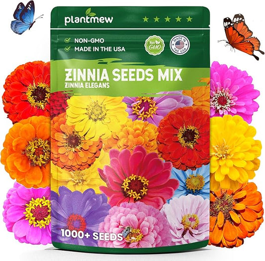 1000+ Zinnia Seeds Flower Seeds for 2026 Planting, 0.35 Oz, 5 Varieties (Pink, Yellow, Orange, White, Purple), 10G Mixed Colors and Large Blooms, Open Pollinated - Bulk (0.35 Ounce Pouch)