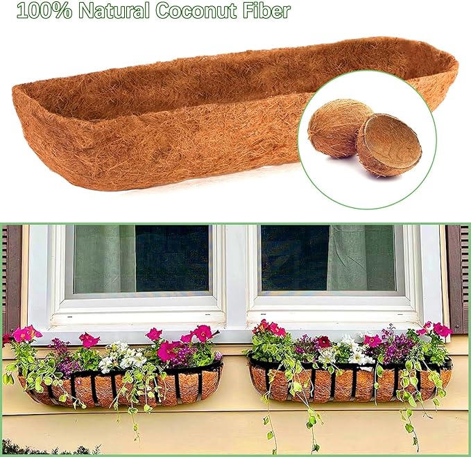 Coco Liners for Planters - 4 Pack 36 Inch Trough Coconut Liners for Planters, Window Box Coco Liners, 100% Natural Coconut Fiber Liners for Wall Hanging Basket, Window Box, Fence Baskets