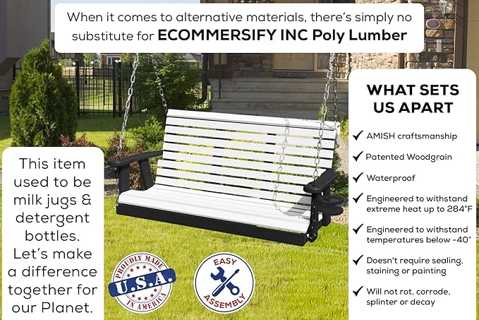 Poly Lumber Wood 4FT Porch Swing Amish Craftsmandship Made in USA HDPE with No wood fibers and 1000 lbs Limit. Stainless Steel Hardware.Signature Rollback design for Patio Outdoor Backyard Garden Park