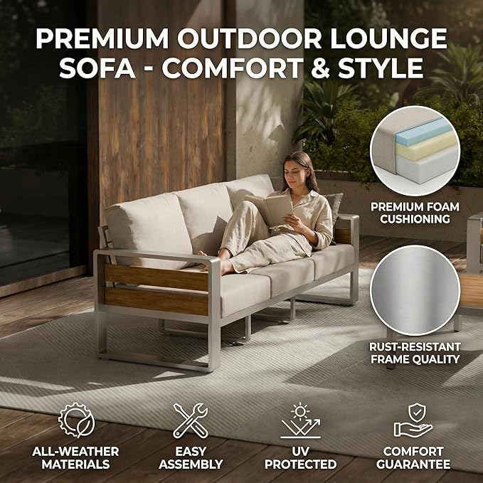 ZANDOR Aluminum Outdoor Patio Conversation Furniture Set, 4 PCS Metal Modern Outside Sectional Lawn Furniture with Coffee Table & Washable Thick Cushions,Seating Sofa for Garden/Backyard/Porch Silver