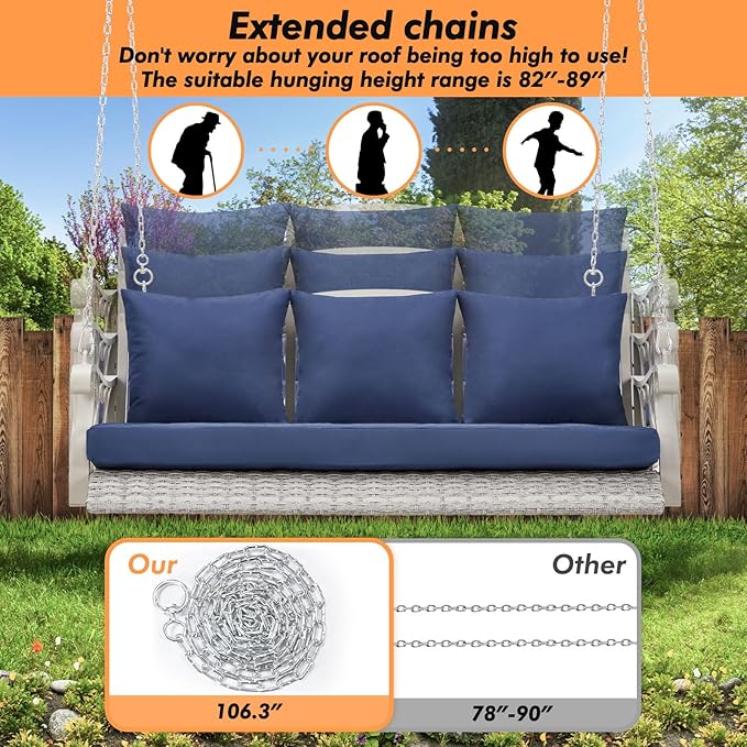 Heavy Duty 900 LBS Porch Swing Chair 3-Person Outdoor Rattan Patio Swing Lounge w/Cup-Holder & Steel Chains Wicker Hanging Bench Porch Swing Cushions for Deck & Backyard & Garden
