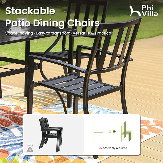 PHI VILLA 7 Piece Outdoor Dining Set for 6, 60” Rectangular Metal Steel Table with Umbrella Hole & Stacking Wrought Iron Chairs, Large Furniture Set for Patio, Deck, Yard - Black