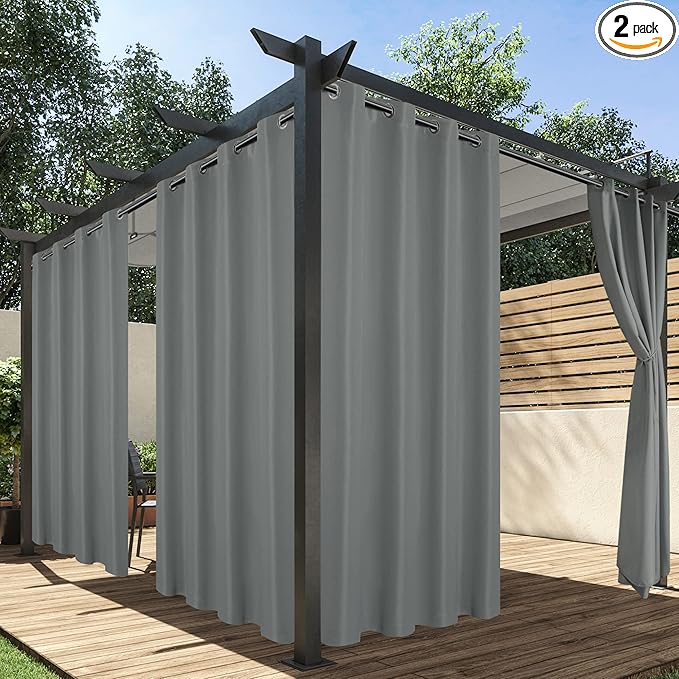 HolidayIdeas Outdoor Curtains for Patio Waterproof, 2 Panels - 84 x 84 Inch - Privacy Protection & Light Filtering Curtains Grommet Outside Curtains for Porch, Gazebo, Pergola, Backyard (Grey)