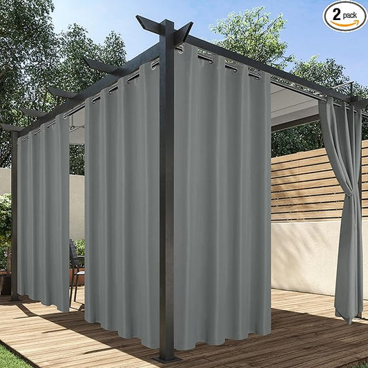 HolidayIdeas Outdoor Curtains for Patio Waterproof, 2 Panels - 84 x 84 Inch - Privacy Protection & Light Filtering Curtains Grommet Outside Curtains for Porch, Gazebo, Pergola, Backyard (Grey)