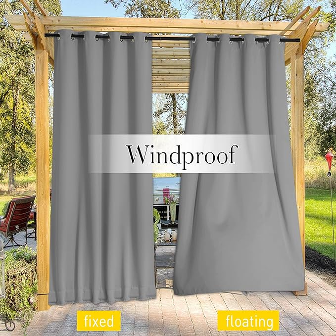 NICETOWN 2 Panels Outdoor Curtains for Patio Waterproof & Windproof, Grommet & Back Tab on Top & Bottom Weighted Drapes Keep Sun/Rain Out with Bouns Rope for Garage, Silver Grey, W84 x L108