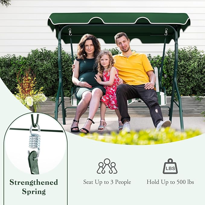 Porch Swing Outdoor, 3 Person Patio Swing w/Removable Cushion, Stand & Adjustable Canopy, Heavy Duty Swing Chair for Patio, Garden, Courtyard, Poolside