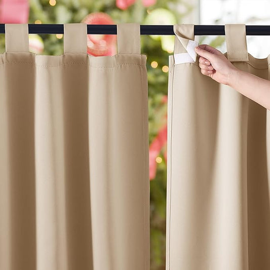 NICETOWN 2 Panels Outdoor Curtains for Patio Waterproof 84" Long, Detachable Sticky Tab Top Thermal Insulated Privacy Sun Blocking & UV Protection Drapes for Porch/Pergola, Biscotti Beige, W52 x L84
