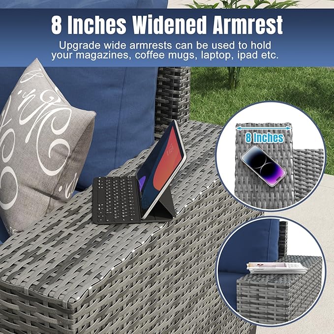 Aoxun 12 Pieces Patio Furniture Set Wicker Rattan Outdoor Sectional Conversation Set with Coffee Table and 4” Thickened Cushions, Gray Blue(Waterproof Cover Included)