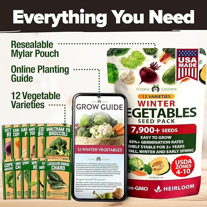 HOME GROWN 12 Winter Vegetable Seeds Heirloom,Fall & Winter Vegetable Seeds for Planting Home Garden: Bean, Beet, Broccoli, Cabbage, Carrot, Cauliflower, Kale,Parsnip,Squash,Chard & More