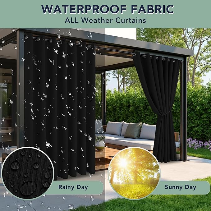 Black Outdoor Curtains for Patio Waterproof - 6 Panels Privacy Weatherproof Outside Curtains with Grommets for Pergola, Gazebo, Porch, Cabana, Balcony, 54 x 95 Inch