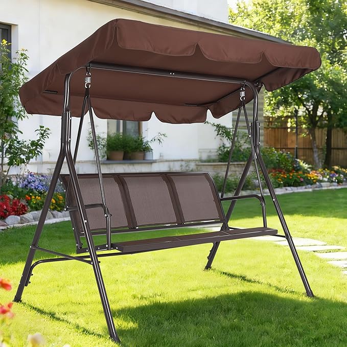 3-Seat Outdoor Patio Porch Swing with Stand, Waterproof Textilene & Adjustable Canopy, Steel Frame Swing Outdoor Chair for Backyard, Front Porch, Lawn, Garden