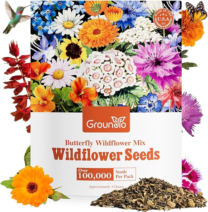 Groundio All Perennial Wildflower Seeds Bulk, 1/4 lb, 100,000+ Seeds, 26 Variety Mix with Milkweek, California Blue Bell, Attracts Pollinators, Plant in Spring or Fall, Zones 3, 4, 5, 6, 7, 8, 9, 10