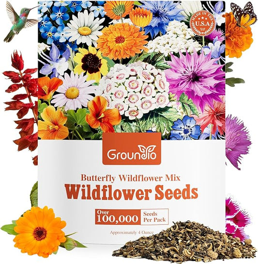 Groundio All Perennial Wildflower Seeds Bulk, 1/4 lb, 100,000+ Seeds, 26 Variety Mix with Milkweek, California Blue Bell, Attracts Pollinators, Plant in Spring or Fall, Zones 3, 4, 5, 6, 7, 8, 9, 10