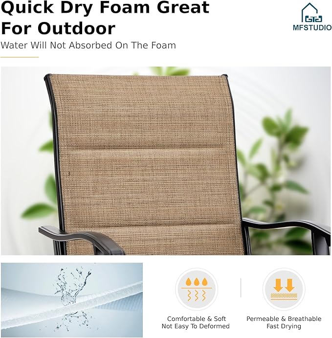MFSTUDIO 5 Piece Outdoor Swivel Bar Set, Outdoor Bar Table and Chairs Set, Patio High Top Table and Chairs, Patio Dining Set Bar Height Table with 4 Chairs, Padded Textilene Stools for Outside