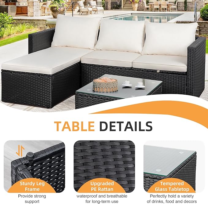 Shintenchi Outdoor Patio Furniture Sets, Small Outdoor Sofa Patio Sectional Sets 3-Piece All Weather Wicker Rattan Patio Seating Sofas with Glass Coffee Table and Cushion (Beige)