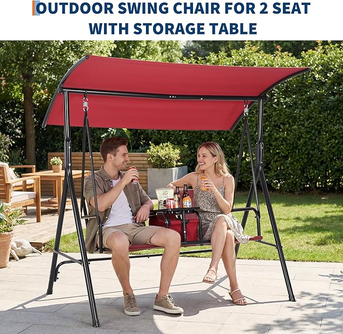 Porch Swing with Cup Holders & Pivot Storage Table & Cooler Bag with Adjustable Canopy for 2 Person Patio Swing for Backyard Balcony Poolside Red
