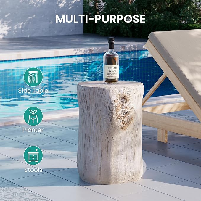 SUNBURY Stump Side Table, Concrete Side Table, Patio Faux Wooden End Table, Beige Stool Plant Stand Holder for Garden Household Living Room­