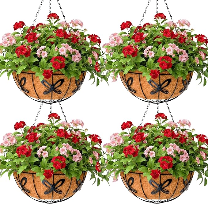 14 inch Metal Hanging Baskets For Plants Outdoor 4 Pack Round Metal Wire Hanging Basket Planter with Coco Fiber Liners Chain Round Wire Plant Holder for Garden, Patio, Deck, Porch Plants Flower Potss