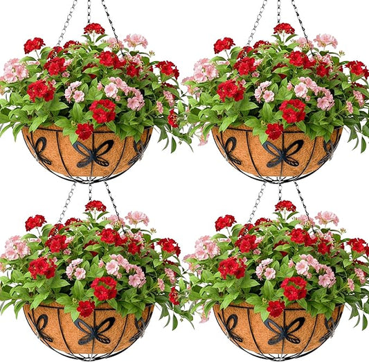14 inch Metal Hanging Baskets For Plants Outdoor 4 Pack Round Metal Wire Hanging Basket Planter with Coco Fiber Liners Chain Round Wire Plant Holder for Garden, Patio, Deck, Porch Plants Flower Potss