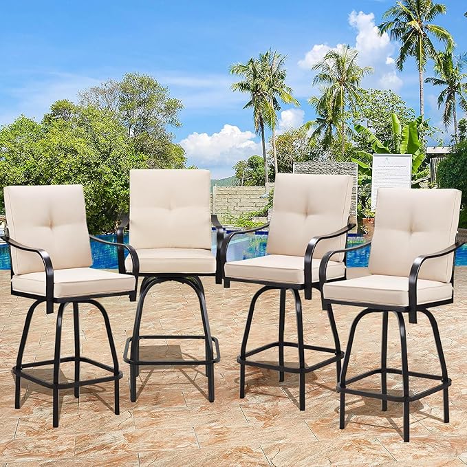 Patio Swivel Bar Stools, Outdoor Bar Height Swivel Chairs Set of 4 with Cushion & All Weather Steel Frame for Backyard, Lawn, Poolside and Balcony, Beige