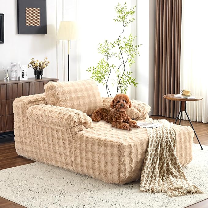 VINGLI 67.7" Oversized Chaise Lounge Chair Reading Chairs Comfy Bubble Fleece Upholstered Boneless Sofa Bed Sleeper Sofa Cloud Couches for Living Room, Bedroom, Play Room (Light Brwon)