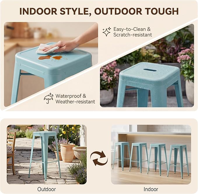 Shahoo 30 Inches Metal Bar Stools Counter Height Stackable Backless Stools, Industrial Patio Stools Indoor Outdoor Metal Kitchen Stools Set of 4 (Blue, 30'')