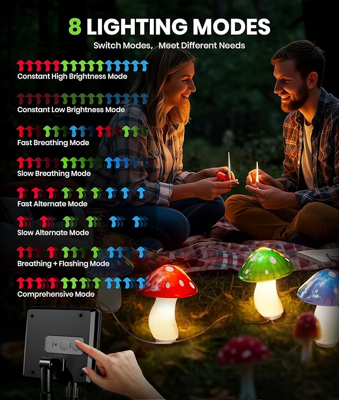 18 Pack 60FT Solar Mushroom Lights, Multicolor 8 Modes Solar Lights Outdoor, IP65 Waterproof Garden Light Outdoor Decoration for Path, Yard, Patio, Lawn, Party, Christmas Decor (Multicolor)