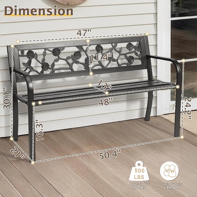 Outvita Outdoor Bench, 50" Iron Steel Frame Garden Bench with Rose Pattern and Plastic Backrest Armrests, Patio Bench for Garden Park Yard Front Porch Patio, Black