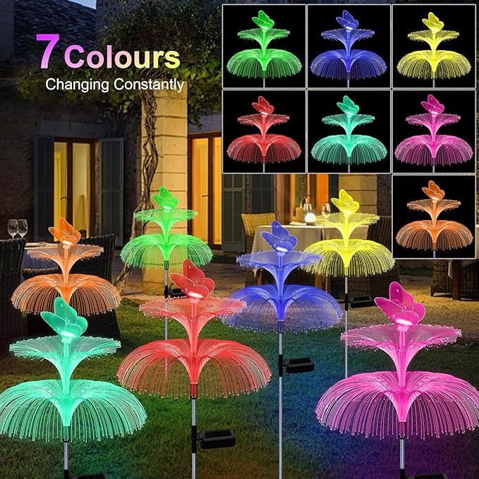 Solar Garden Lights, Gardening Birthday Gifts for Mom Grandma Women, Waterproof 7 Color Changing Jellyfish Light with Butterfly, 2 Pack Solar Flower Lights for Outdoor Pathway Yard Garden Decor