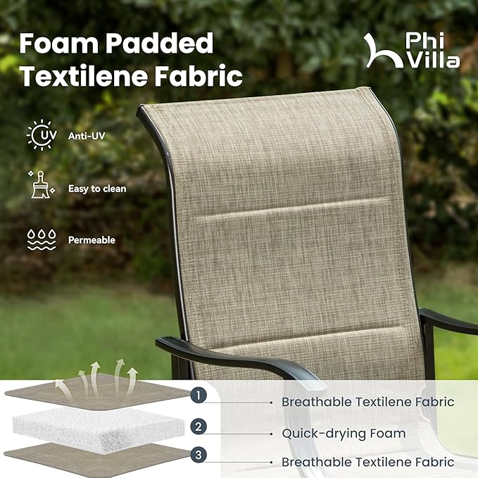 PHI VILLA Swivel Patio Chair Set of 2, 42" High Back Outdoor Chairs with Padded Fabric & E-Coating Frame, All Weather-Resistant for Deck Lawn Garden