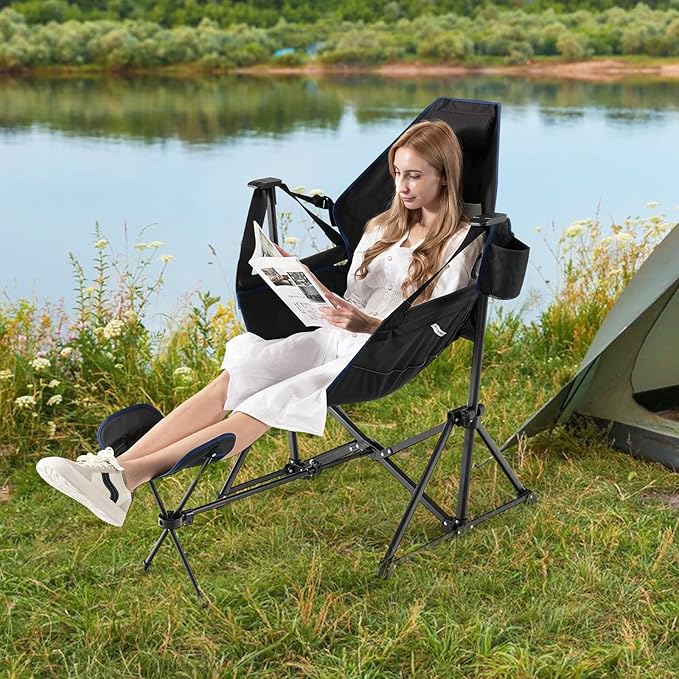 Tangkula Hammock Camping Chair, Portable Camp Chair with Retractable Footrest, Adjustable Back, Headrest, Cup Holder & Carry Bag, Outdoor Folding Lawn Chair for Camping, Fishing, Hiking