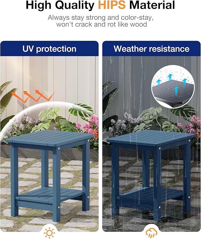 YEFU Outdoor Side Table for Patio: 16" HIPS Weather - Resistant Adirondack Tables Set of 2 - Small Square End Tables for Backyard Pool Porch Balcony - Indoor Outdoor Double Layer Table Navy Blue Blue