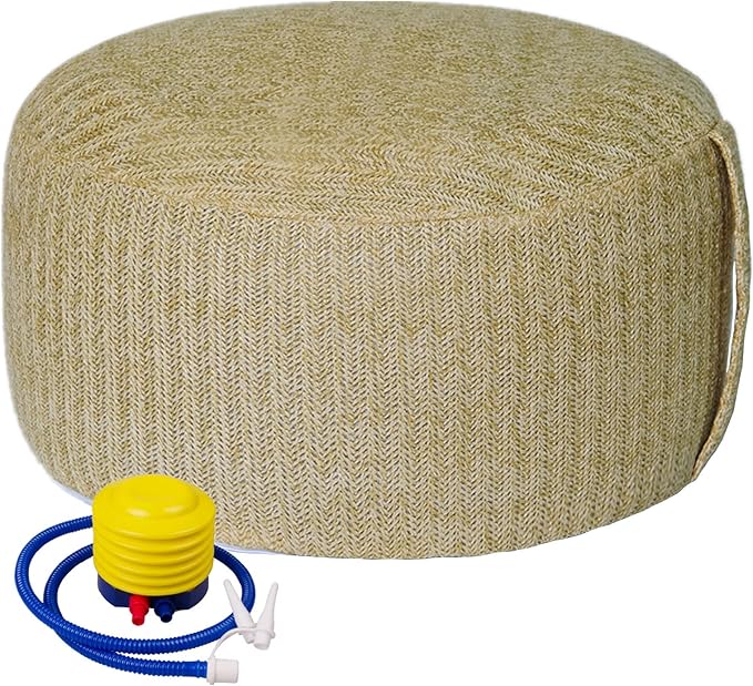 Woven Inflatable Ottoman with Air Pump D21”x H10” Outdoor Indoor Pouf Patio Footrest Stool with Portable Handle, Round Ottoman for Patio Garden, Camping, Bedroom, Living Room Natural Color
