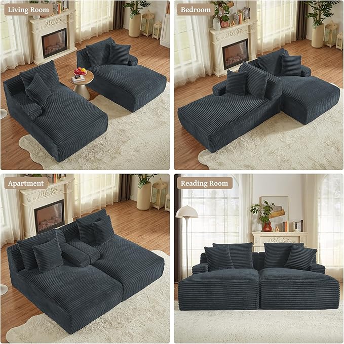 80" Double Chaise Lounge Chair Indoor, Oversized Boneless Couch Comfy Upholstered Sleeper Sofa Bed with 4 Pillows, Corduroy Cloud Loveseat Chair for Living Room No Assembly Required, Dark Grey