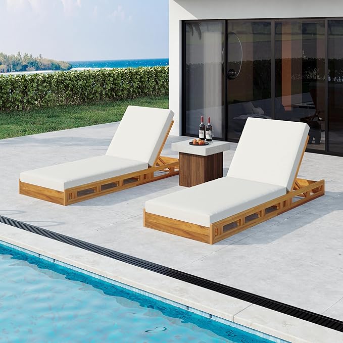 Christopher Knight Home Jossie Acacia Wood Chaise Lounge Chair Outdoor Set of 2, Adjustable Backrest Sun Lounger Recliner, Patio Outdoor Chaise Lounge with 4" Thick Water-Resistant Cushion,Teak+Cream