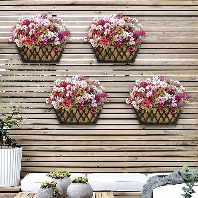2 Pack 16 Inch Window Boxes Planters Railing Planter Box with Coco Liners Deck Railing Planter Boxes Balcony Hanging Flower Box for Outdoor Plants Garden Decor