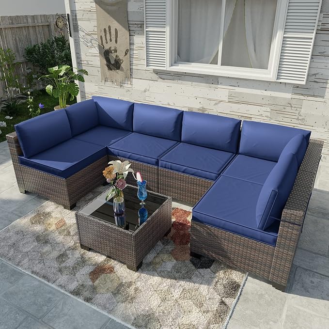 Kullavik 7 Pieces Outdoor Patio Furniture Set,Sectional Rattan Sofa Set Brown PE Rattan Wicker Patio Conversation Set with Tempered Glass Coffee Table and Washable Cushions Covers,Navy Blue
