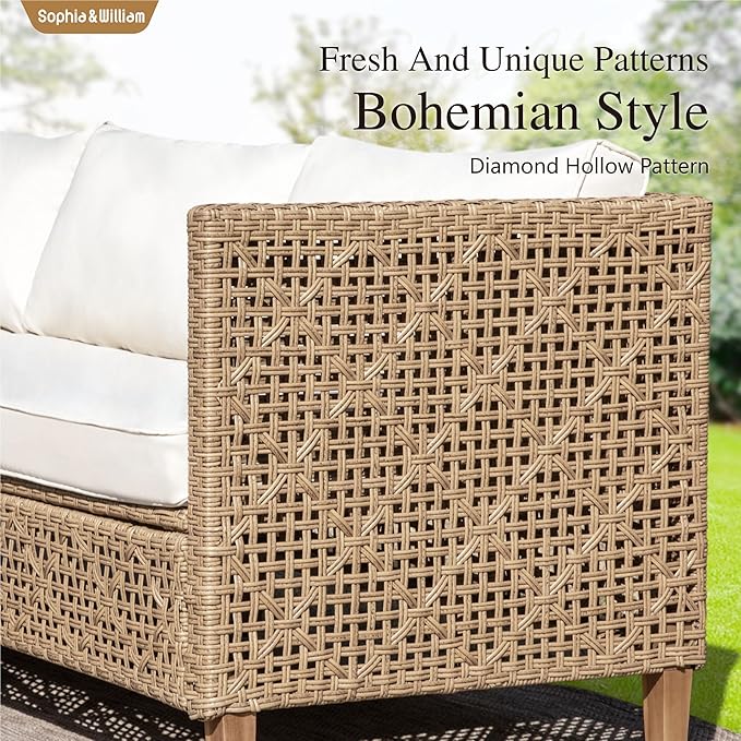 Sophia & William Boho Rattan Patio Sectional Set with Thick Cushions & Coffee Table – Balcony, Backyard & Poolside Outdoor Furniture (Beige)