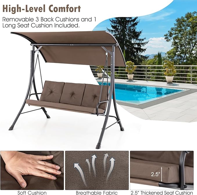 Tangkula 3 Person Porch Swing, Outdoor Swing with Removable Cushions, Solid Steel Structure, Patio Swing with Adjustable Canopy for Garden, Backyard, Balcony, Poolside