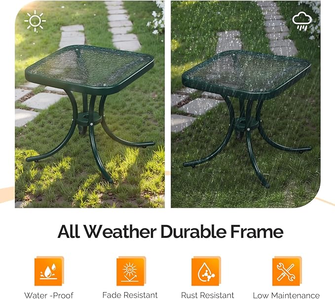 VINGLI Outdoor Side Table, 18" Patio Table Steel Frame Tempered Glass Top, Weatherproof Small Tables for Balcony Garden Poolside (Green, Square)