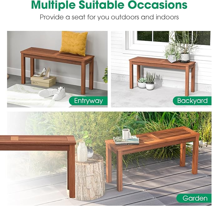 Tangkula Patio Wood Bench, 2-Person Solid Wood Bench with Slatted Seat, 39.5" Long Loveseat with Stable Wood Frame, Indoor Outdoor Dining Bench for Backyard, Poolside, Entryway (1)