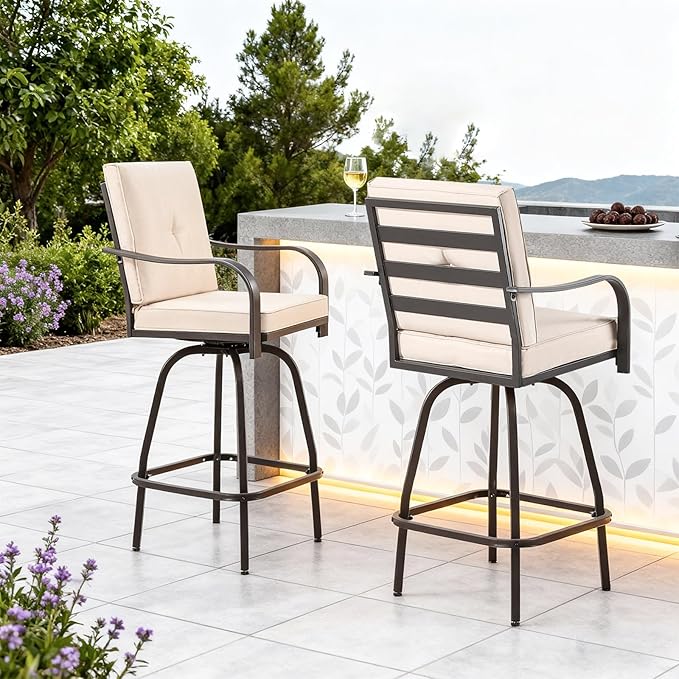 Patio Swivel Bar Stools, Outdoor Bar Height Swivel Chairs Set of 6 with Cushion & All Weather Steel Frame for Backyard, Lawn, Poolside and Balcony, Beige