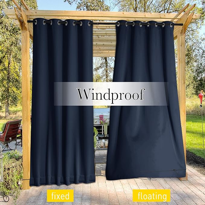 NICETOWN 2 Panels Outdoor Curtains for Patio Waterproof & Windproof, Thermal Insulated Top & Bottom Grommet & Back Tab Sun Blocking Outdoor Drapes with Fixed Rope for Gazebo, Navy Blue, W66 x L90