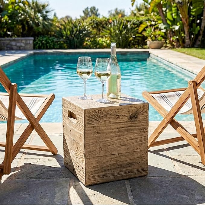 COSIEST Wooden Outdoor Side Table, Square MgO Concrete End Patio Side Table, Lightweight Cylinder Top Plant Stand with Square Base for Garden and Deck
